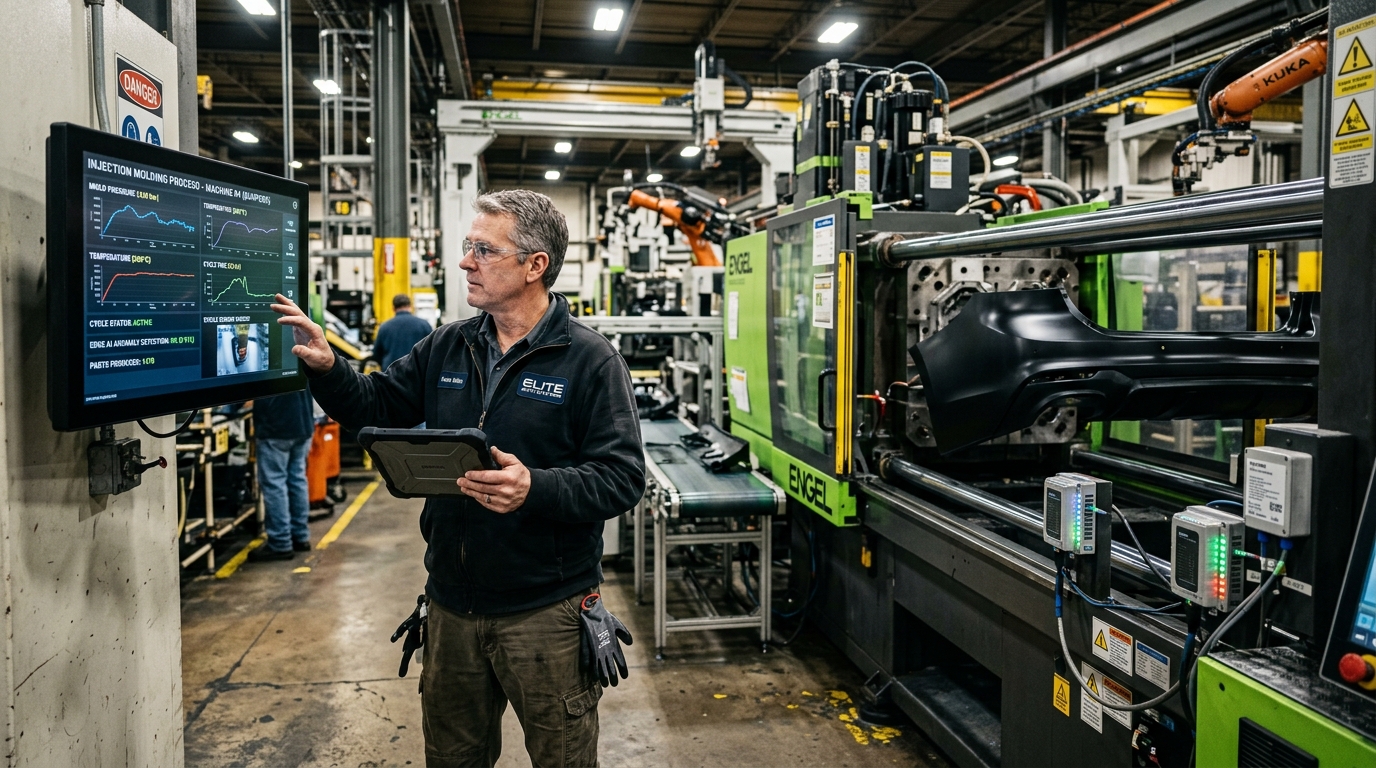 Toyota bumper injection molding machine equipped with edge AI sensors and volatile RAM telemetry