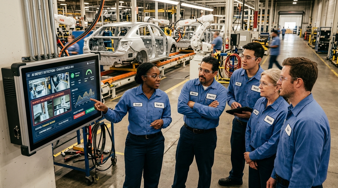 Frontline factory operators collaborating on internal no-code AI model builder screen